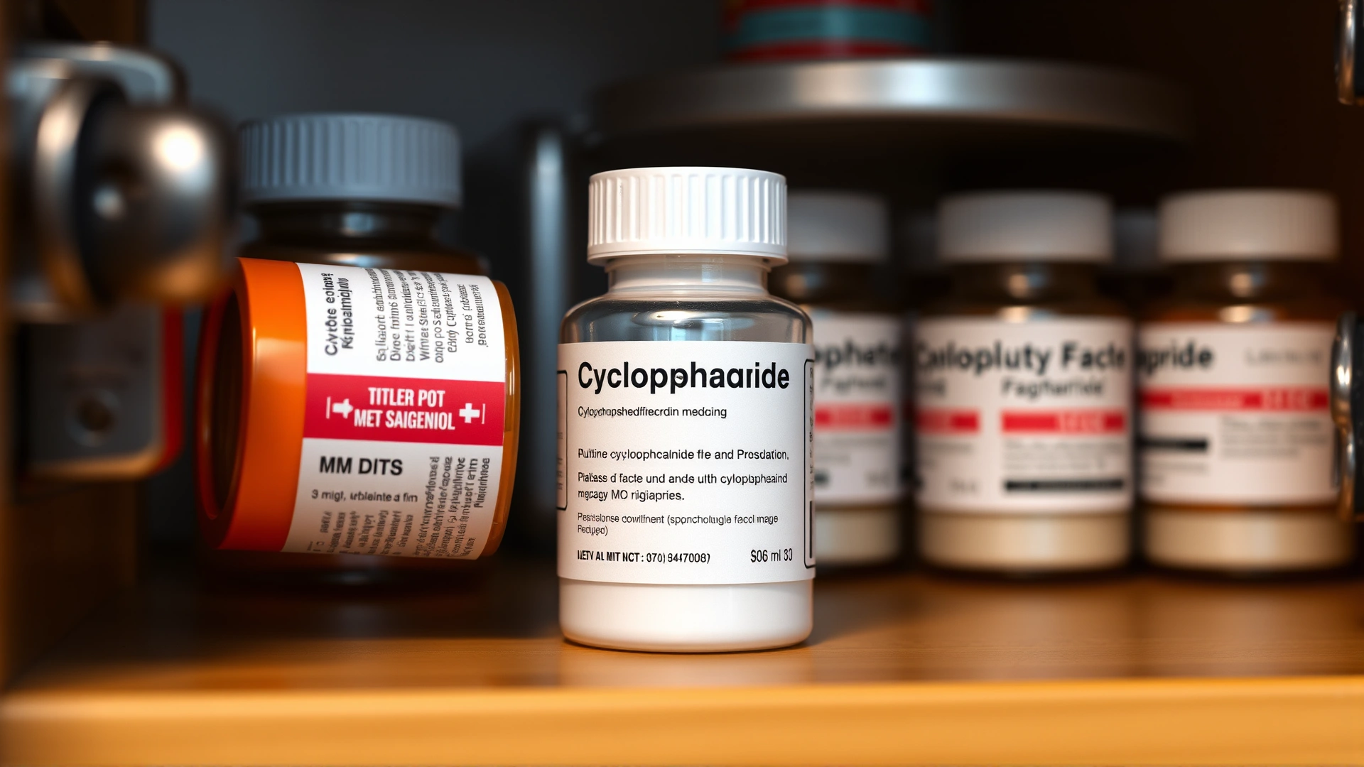 Cyclophosphamide medication stored securely in a locked pet medicine cabinet at home, close-up, no text