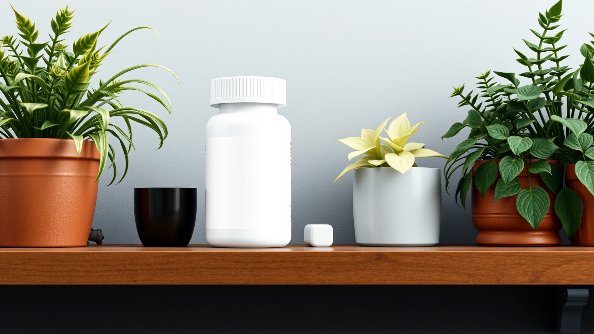 Close-up of a plain white prescription bottle without label text placed on a high wooden shelf next to pet-safe houseplants, emphasizing correct medication storage away from pets. No text.