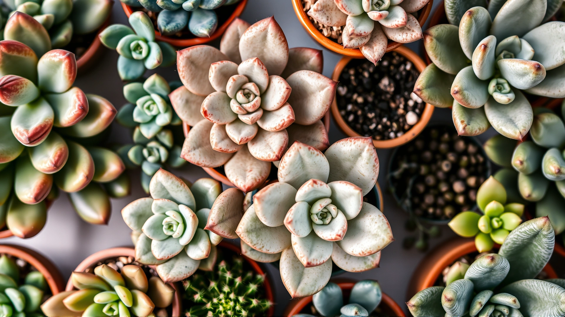 Aesthetic flat-lay of non-toxic succulents such as Haworthia, Echeveria, and Christmas cactus in decorative pots.