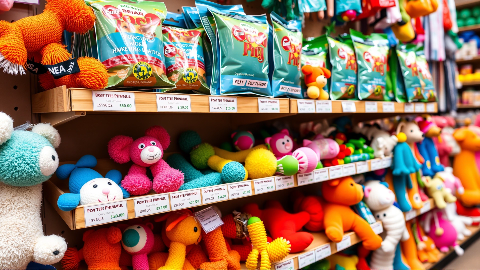 Display shelf in a pet store with various BPA-free, phthalate-free dog toys neatly arranged and labeled, vibrant colors