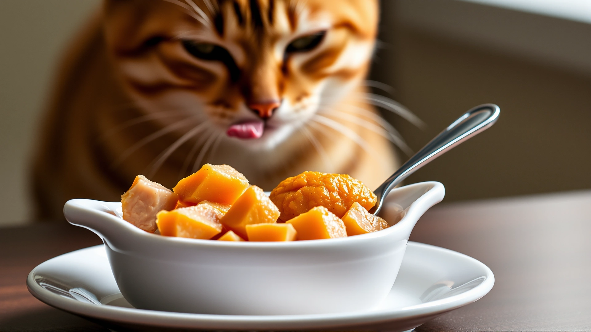Small white ceramic dish with plain cooked turkey breast cubes and a spoonful of plain pumpkin puree arranged neatly, cat licking its lips in the background, soft natural light