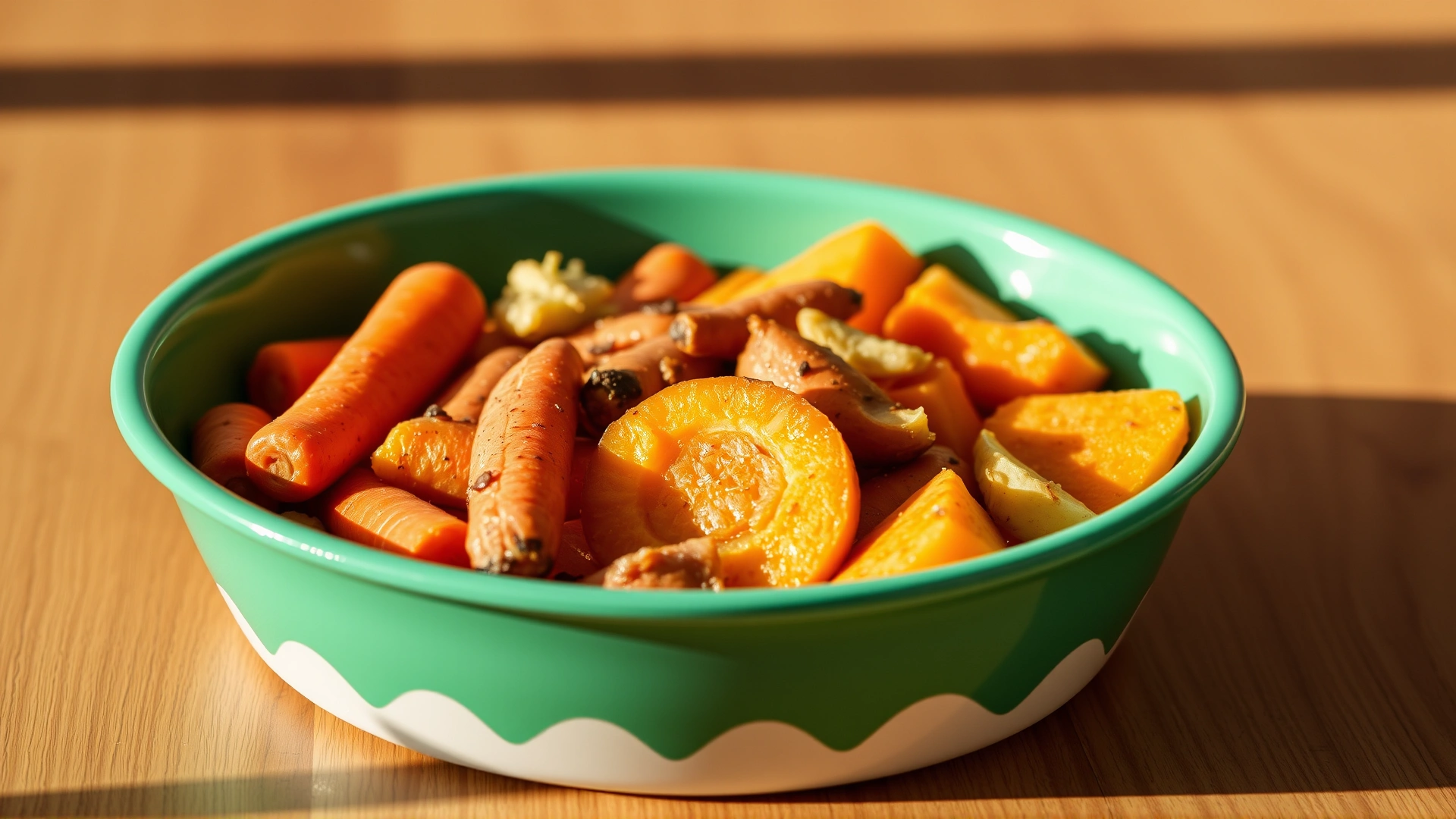Colorful bowl filled with dog-safe vegetables like carrots, zucchini, and cooked sweet potatoes on a wooden table, bright daylight.