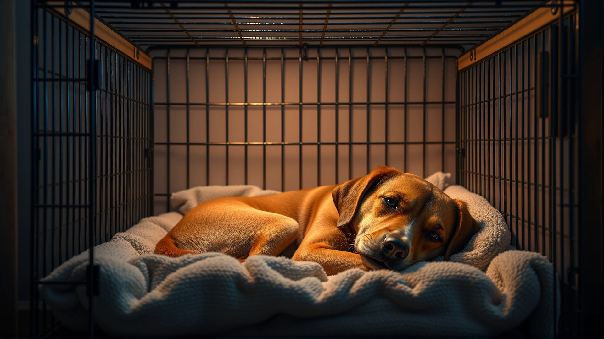 A cozy dog crate with soft bedding, dim lighting, and a calm dog resting inside, illustrating a safe space at home.
