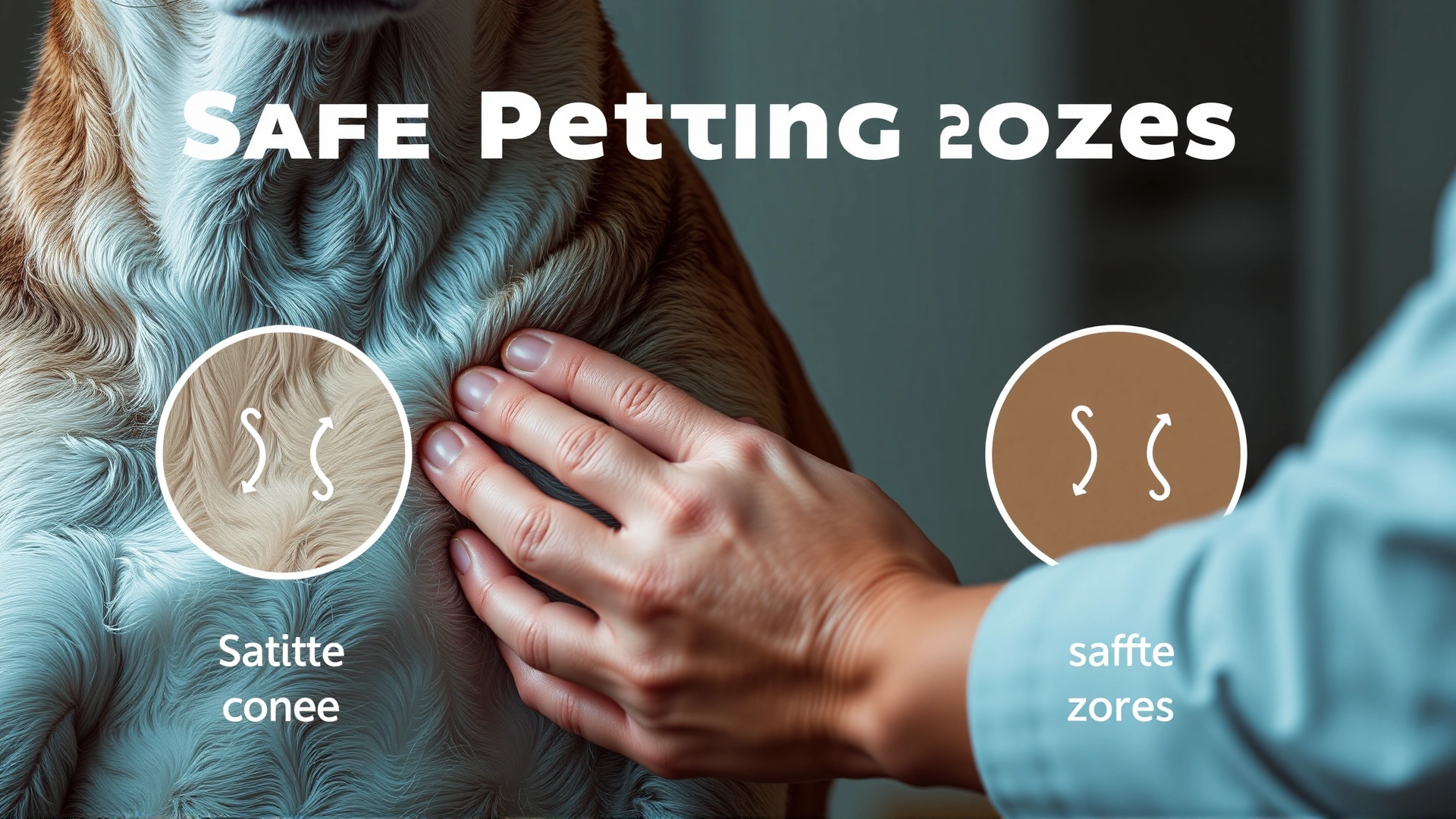 Diagram-free photo showing a person’s hand petting a dog on the chest area, emphasizing safe petting zones. No text.