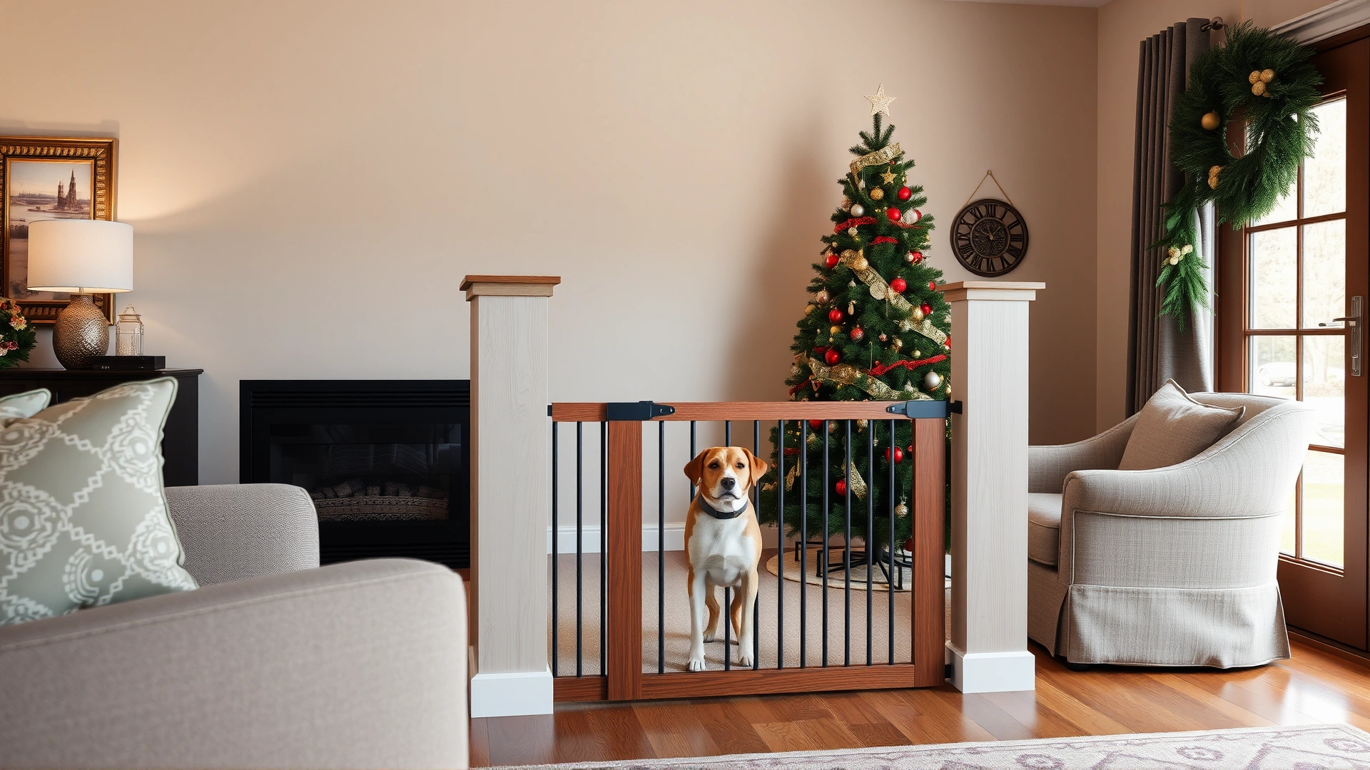 Living room scene showing a Christmas tree surrounded by a stylish wooden pet gate barrier, with a dog looking on from outside the gate.