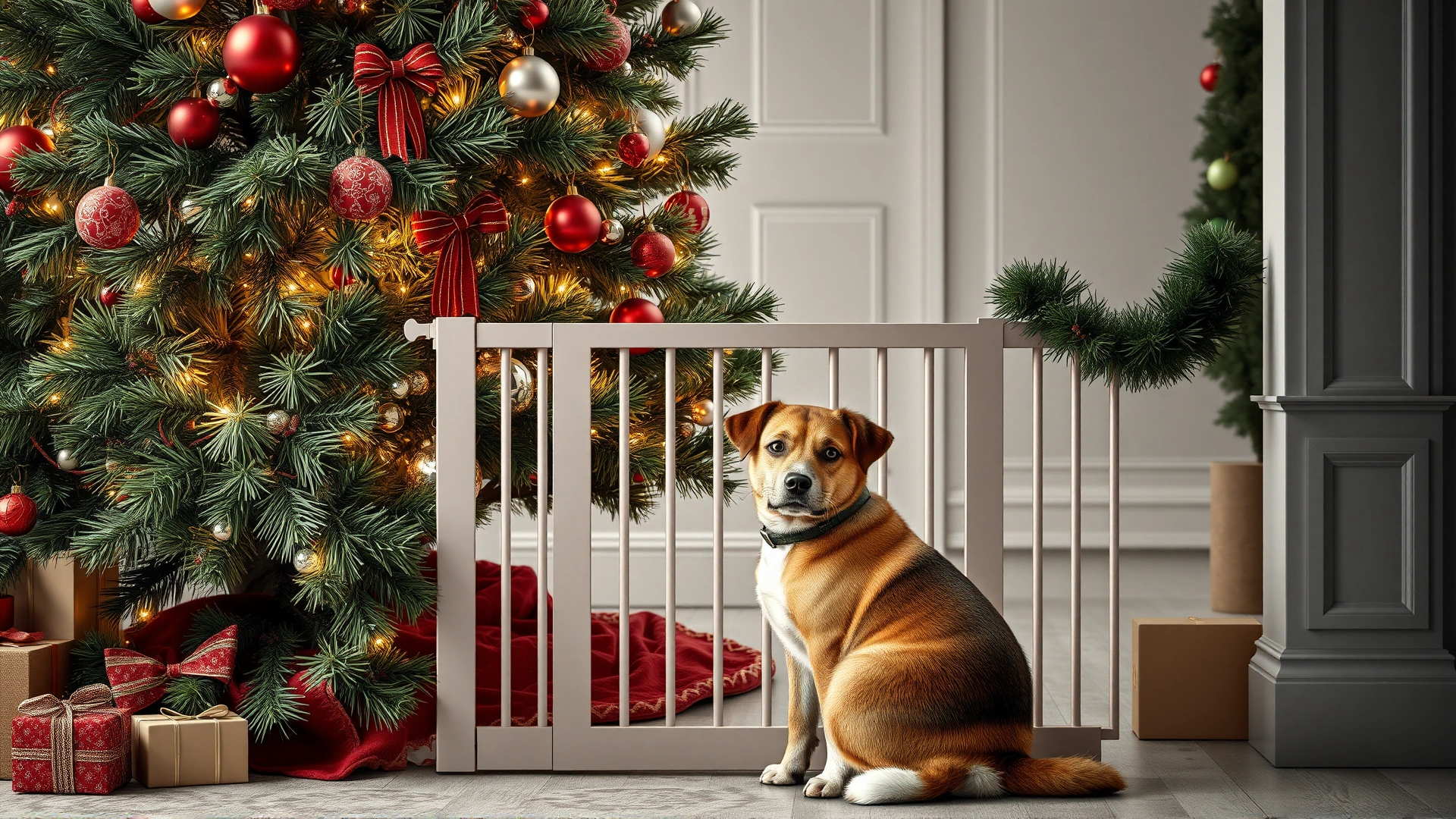 Christmas tree surrounded by an elegant pet gate, dog looking in from outside the barrier.