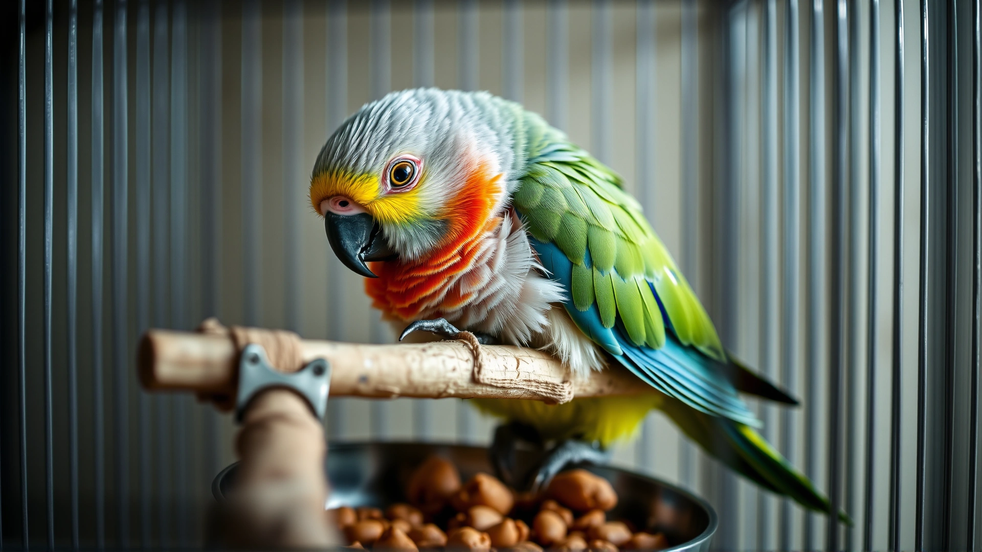 Gentle image of a small parrot resting calmly in a low perch cage after grooming, food bowl in view; soft lighting; no text