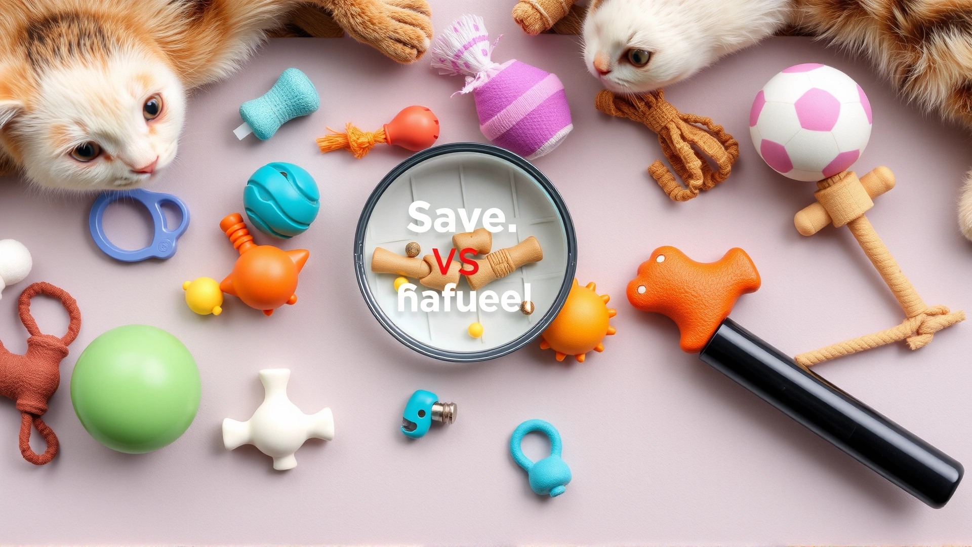 Flat lay of assorted cat toys with a magnifying glass highlighting safe versus unsafe toy parts on a neutral background