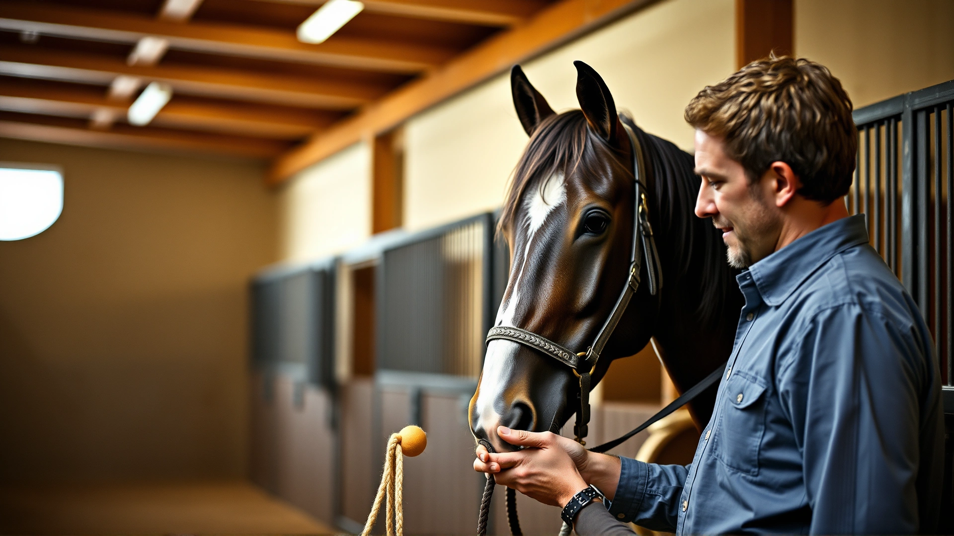 Stable owner inspecting a horse toy for cracks while the horse curiously watches, indoor stable environment, candid moment.