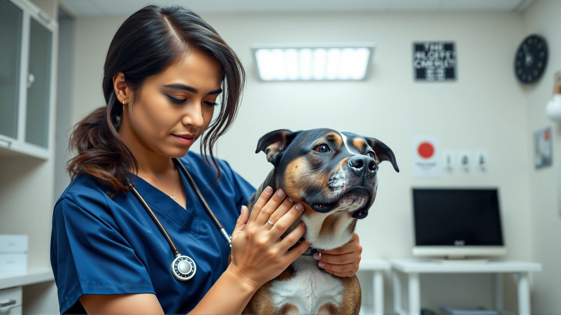 Veterinarian gently checking a medium-sized dog's joints in a bright vet clinic; both looking calm and relaxed