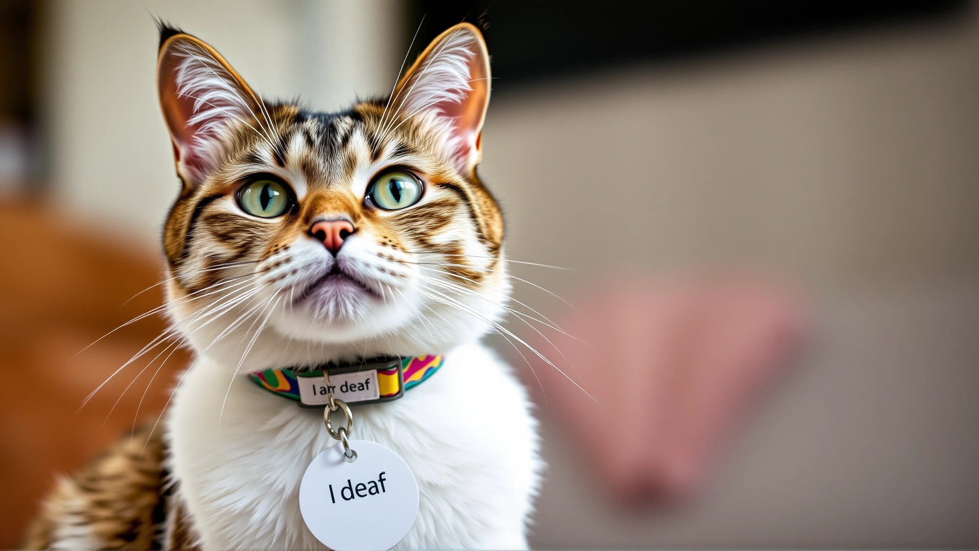 Indoor cat wearing a colorful breakaway collar with an ID tag that reads 'I am deaf'; soft focus background of a safe home environment.