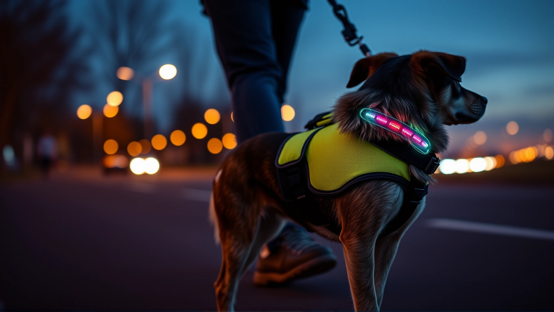 Dog wearing a reflective vest and LED collar walking with its owner at dusk, street lights softly glowing in the background, no text