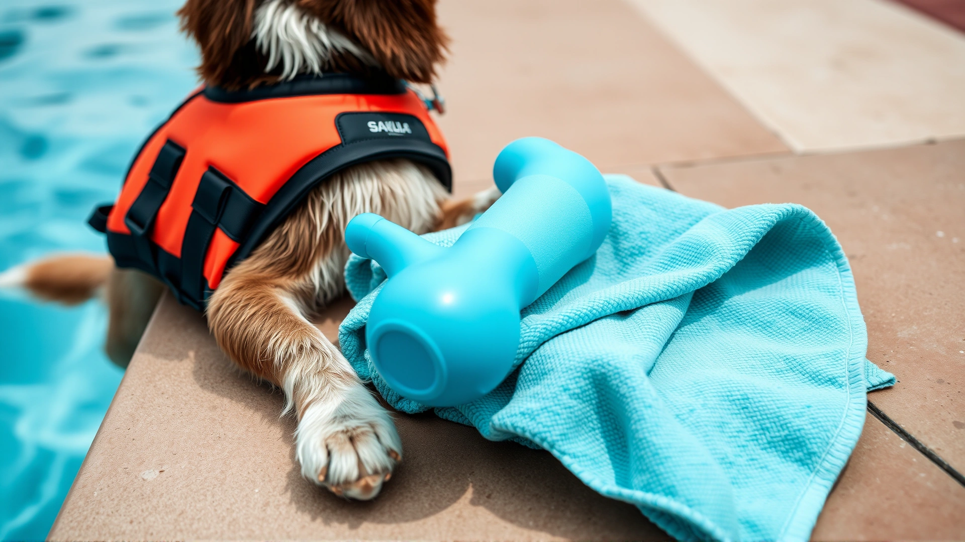 Close-up of canine life jacket, floating bumper toy, and microfiber towel neatly arranged beside a pool edge.
