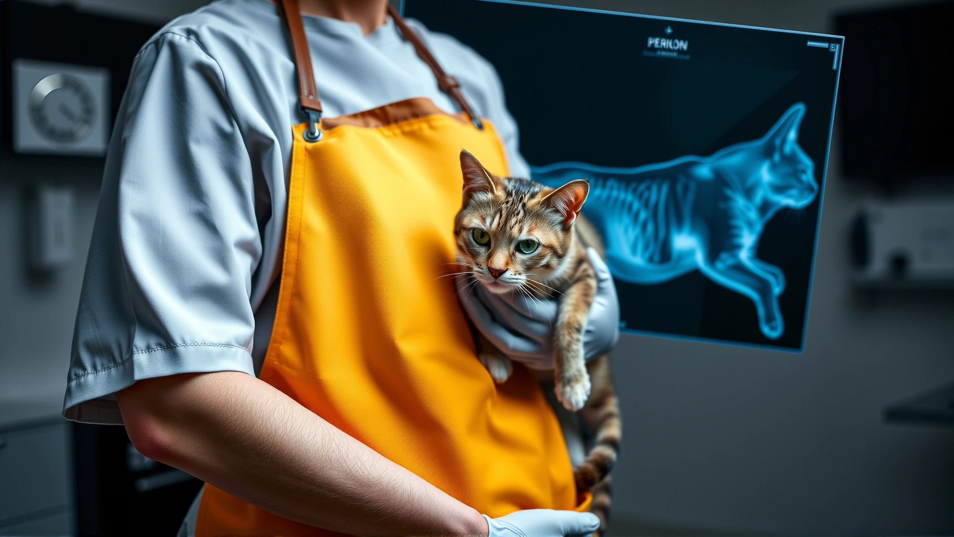 Veterinary technician wearing lead apron and gloves gently holding a cat in position for an X-ray inside a clinical setting