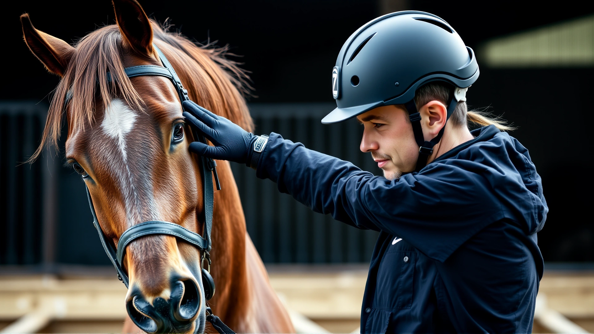 Close-up of a handler wearing a helmet and gloves while standing beside a horse prepared for stretching, focusing on safety equipment, soft stable background, no text.