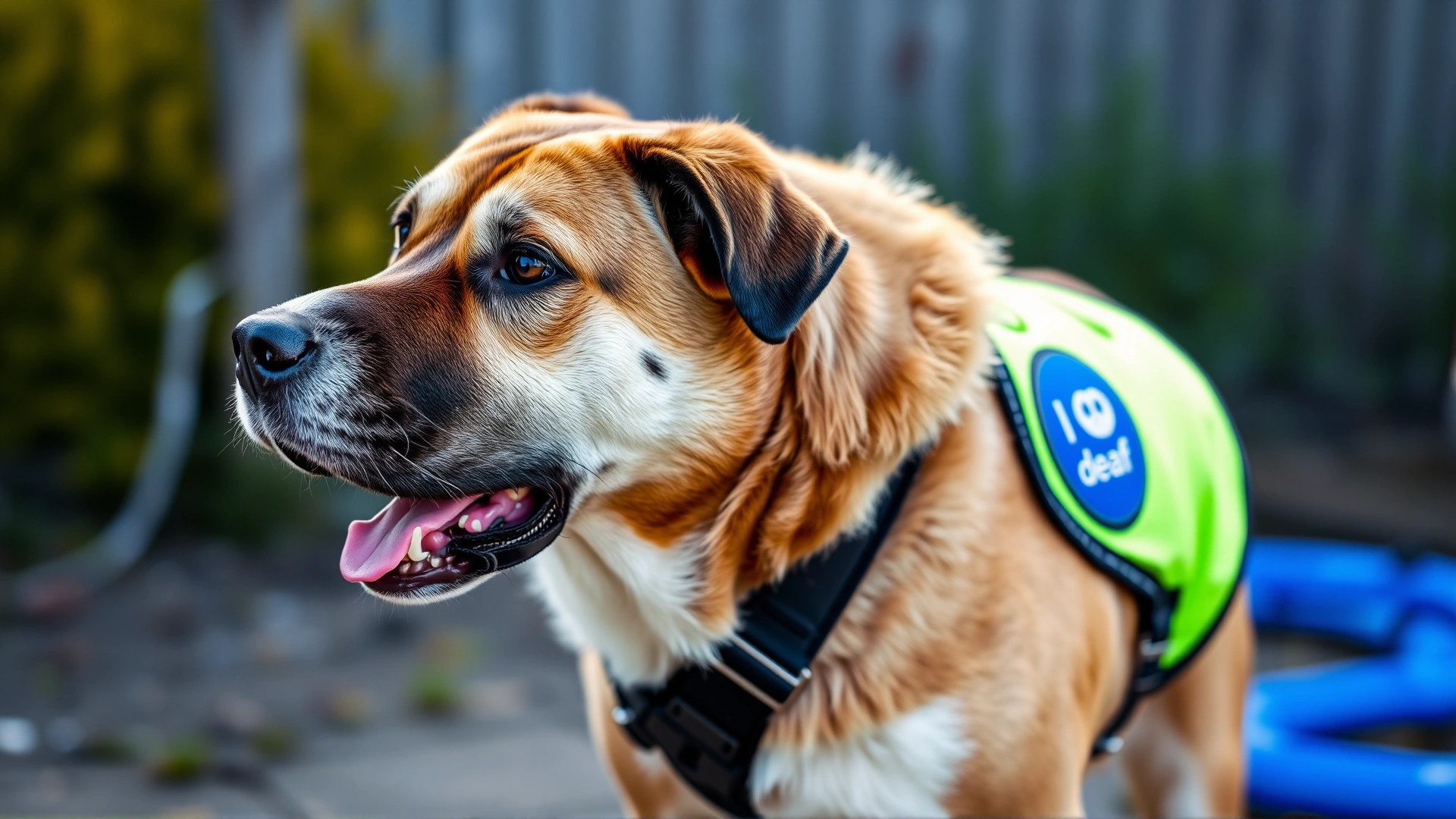 Dog wearing a bright harness with a visible 'I am deaf' patch, standing outside a fenced yard