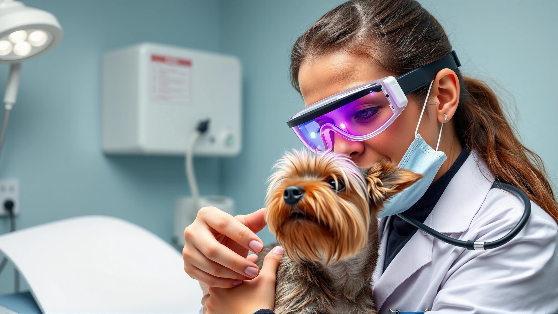 Veterinarian adjusting protective laser goggles on a small terrier before therapy, clinical setting