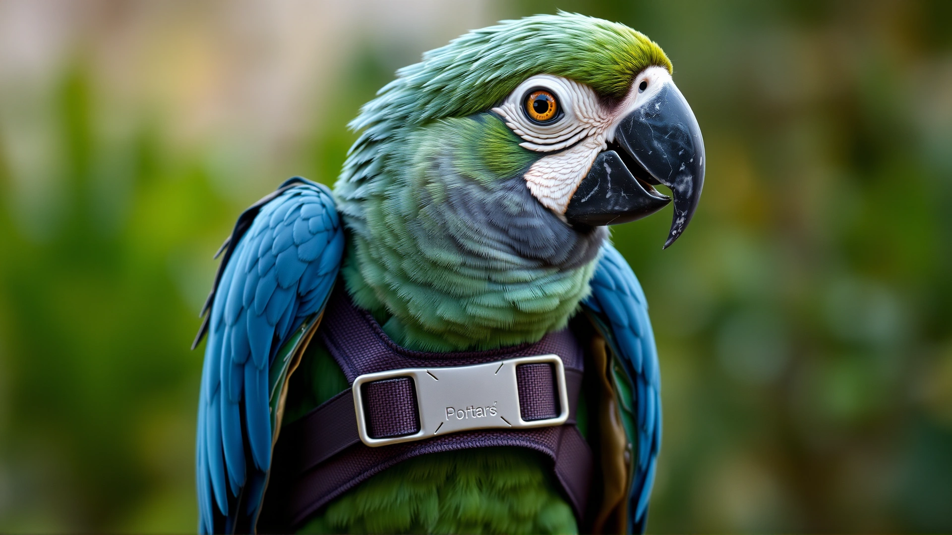 Parrot wearing a secure bird harness outdoors with blurred greenery in background, demonstrating safe outdoor shoulder time.
