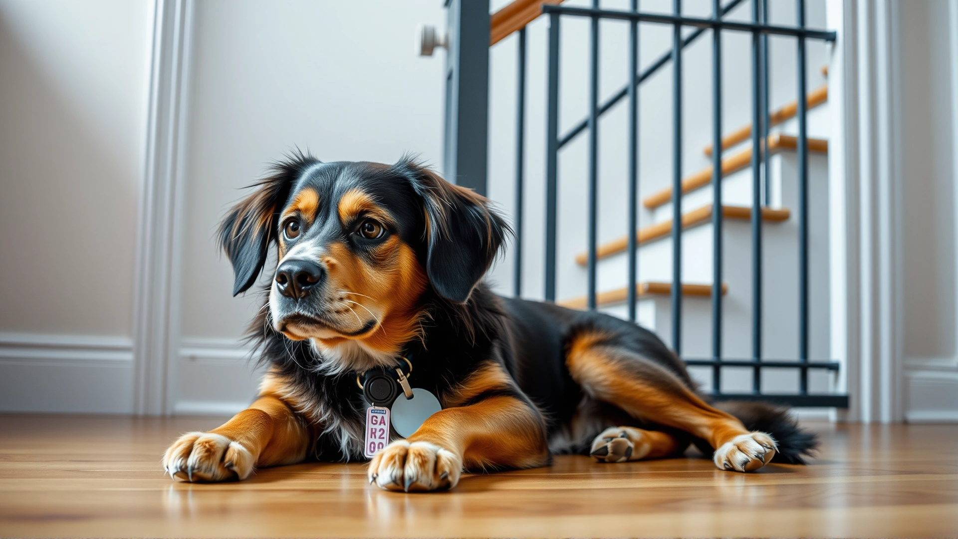 Indoor scene showing a dog wearing an ID tag resting near a child safety gate blocking staircase