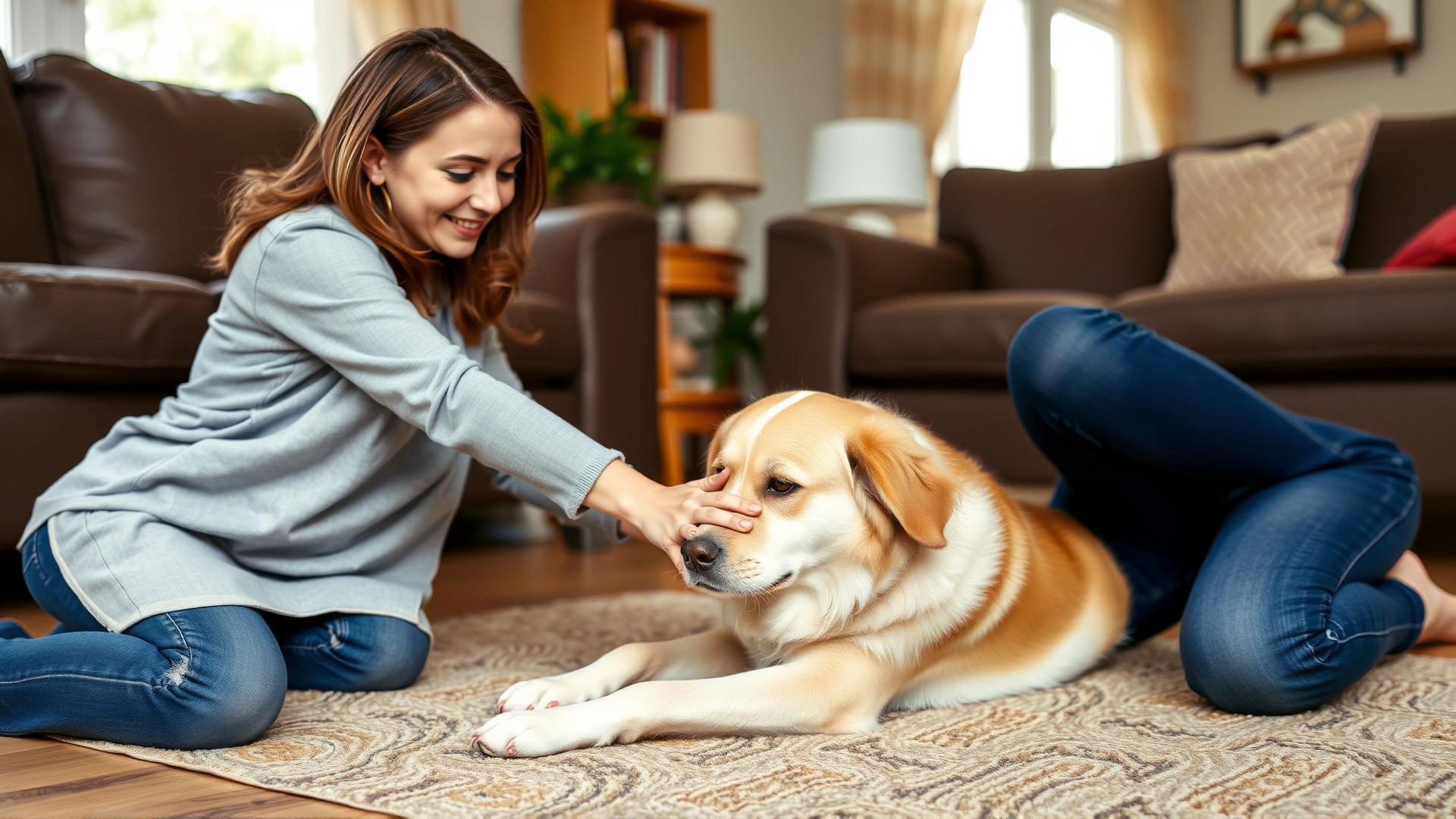 Mother kneeling beside her child demonstrating calm, gentle petting on a relaxed dog in living room.