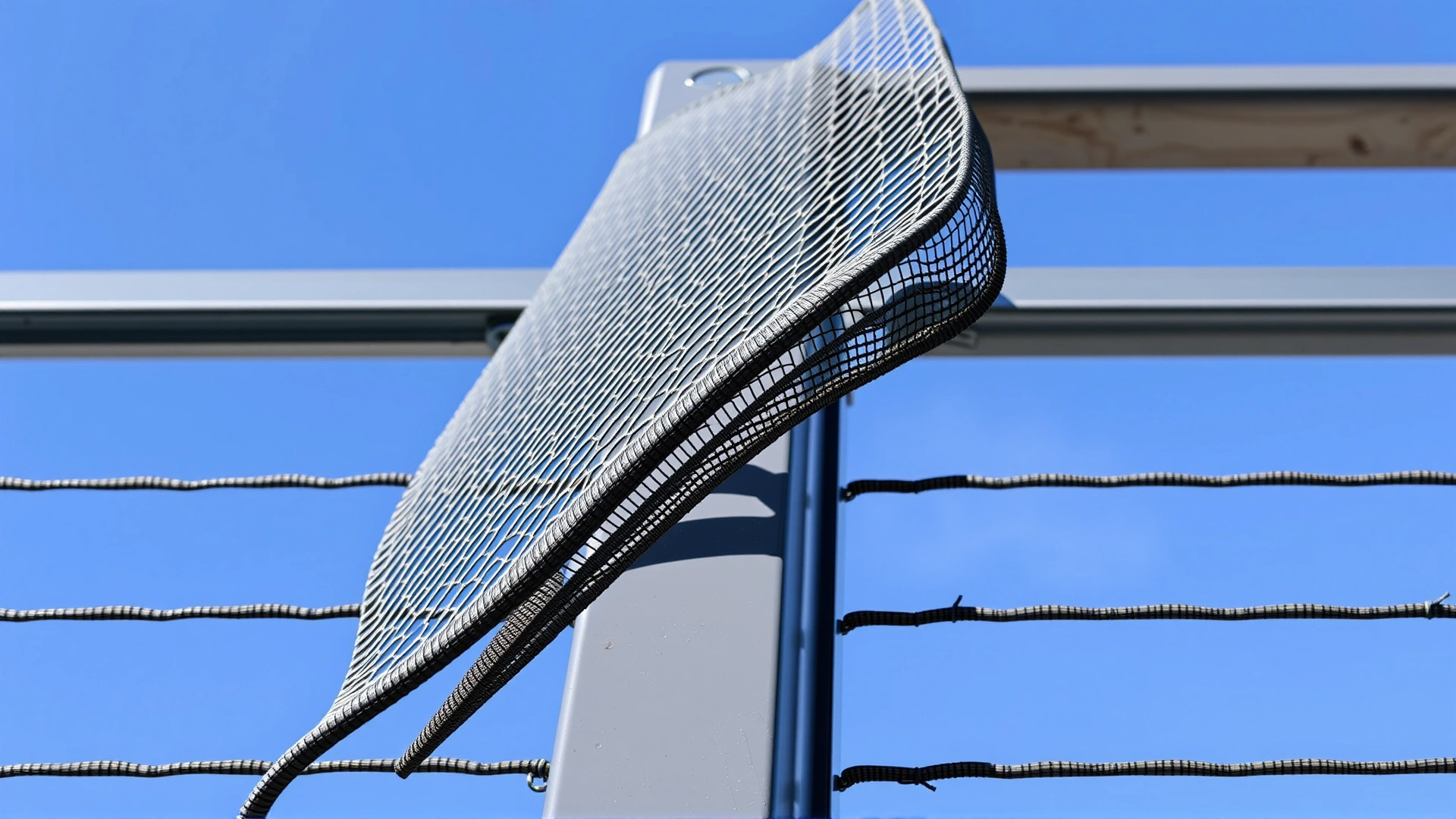 Detailed view of protective balcony mesh securely attached to metal rails with blue sky behind.