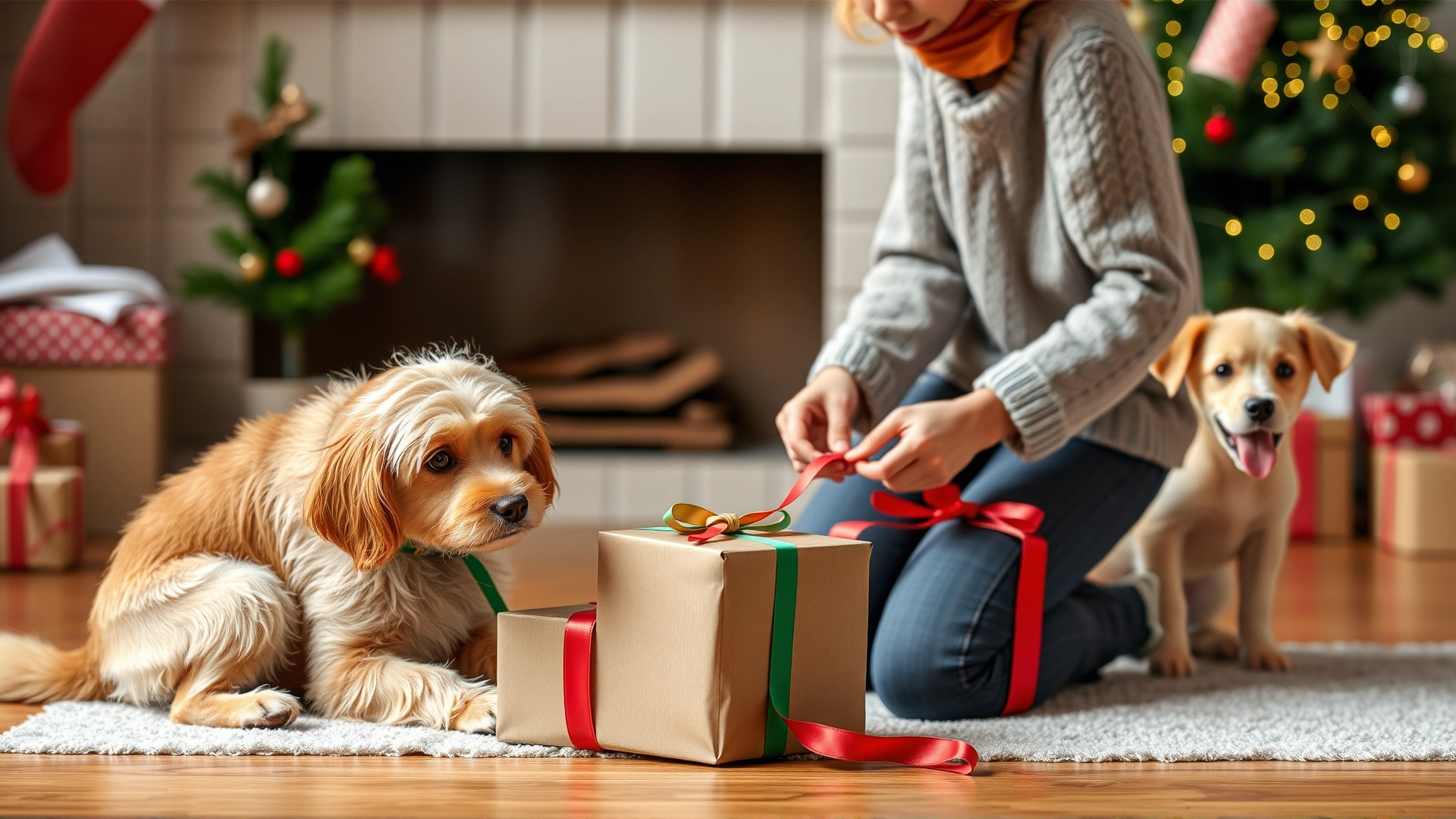 Pet owner kneeling on the floor removing ribbon from a gift box while a friendly dog watches, illustrating holiday pet safety.