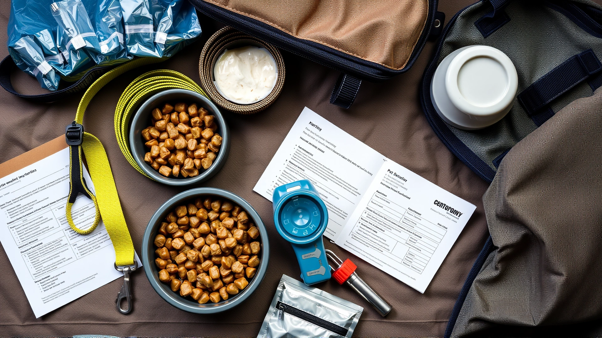 A flat-lay of emergency pet supplies: leash, food, water bowl, vaccination papers, and a small carrier bag.