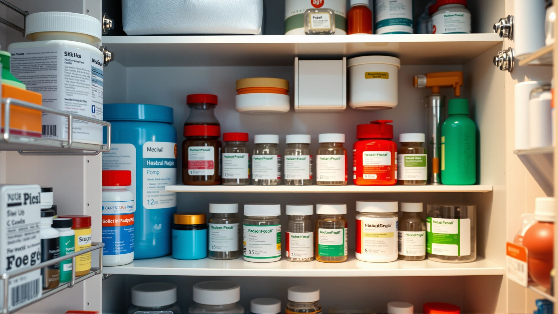 Well-organized home medicine cabinet for pets featuring childproof containers and clear labels, soft ambient lighting, no text on labels.
