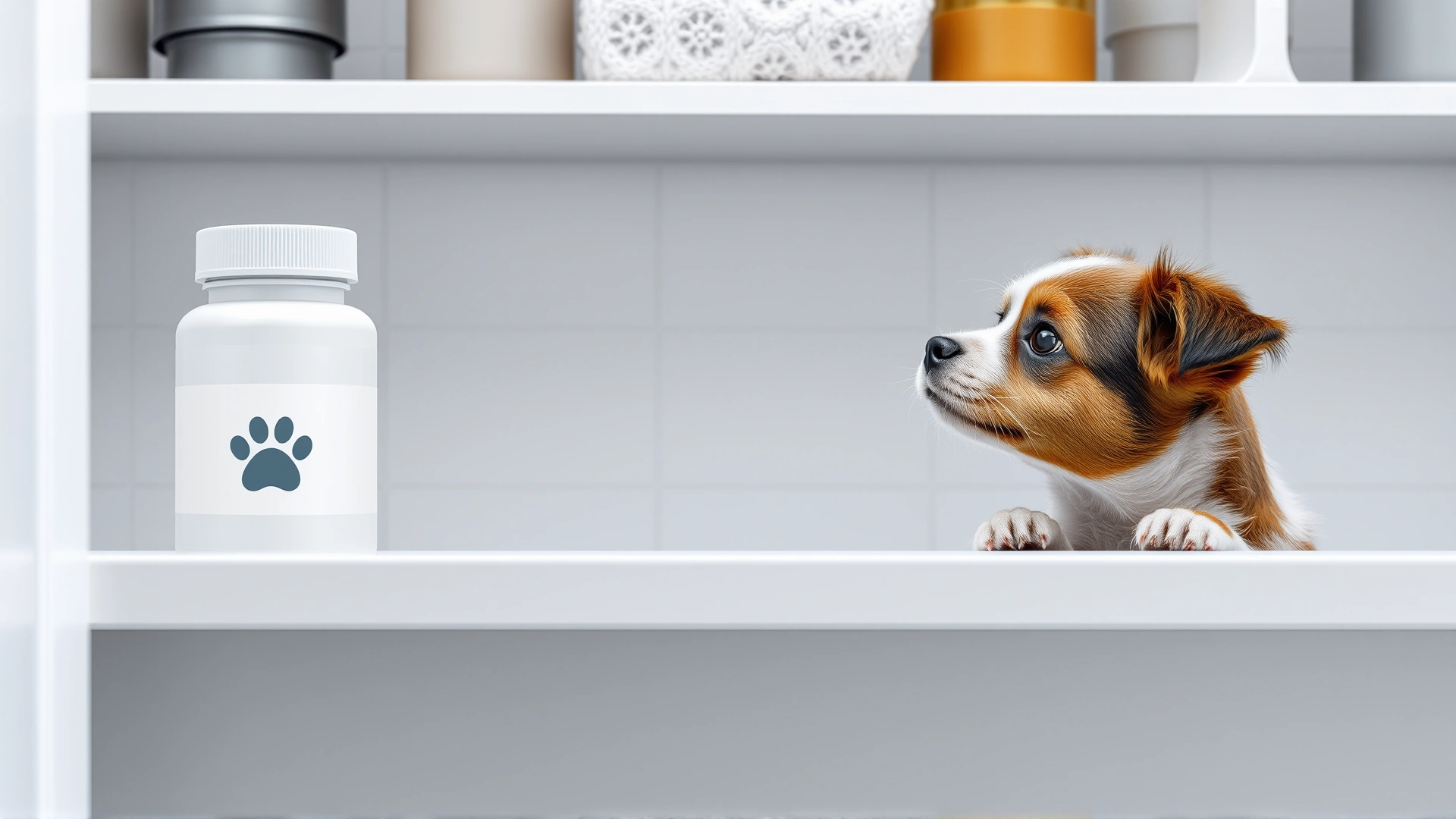 A sealed white medicine bottle labeled only with a generic pet paw icon placed on a high bathroom shelf out of reach of a small dog looking up.