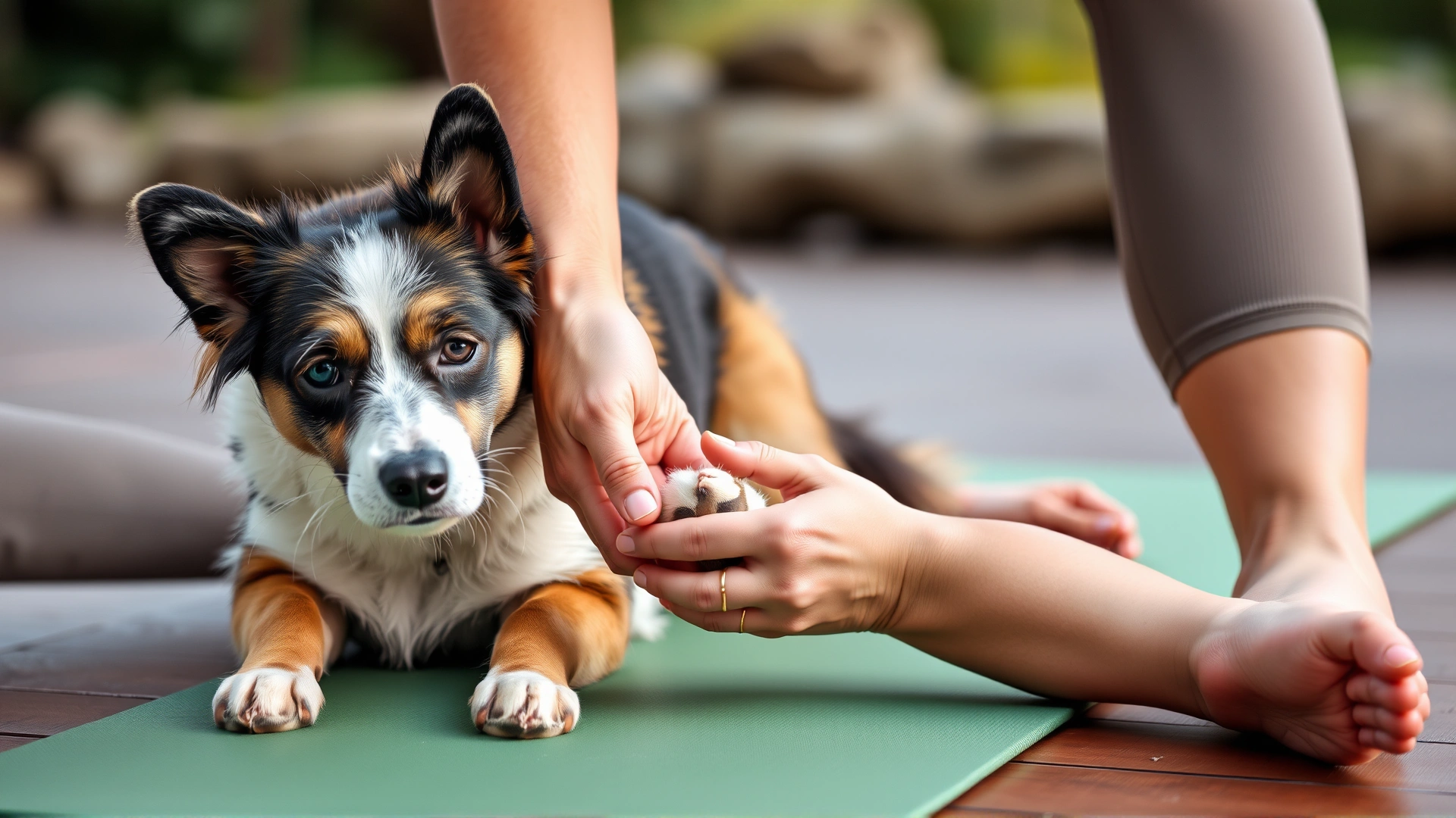 Owner gently checking their dog’s paw during a yoga break, emphasizing safety