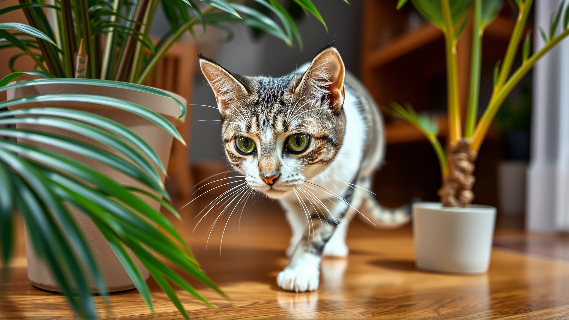 Close-up photo of a domestic cat cautiously approaching a potted sago palm plant on a wooden floor, indoor lighting, high resolution