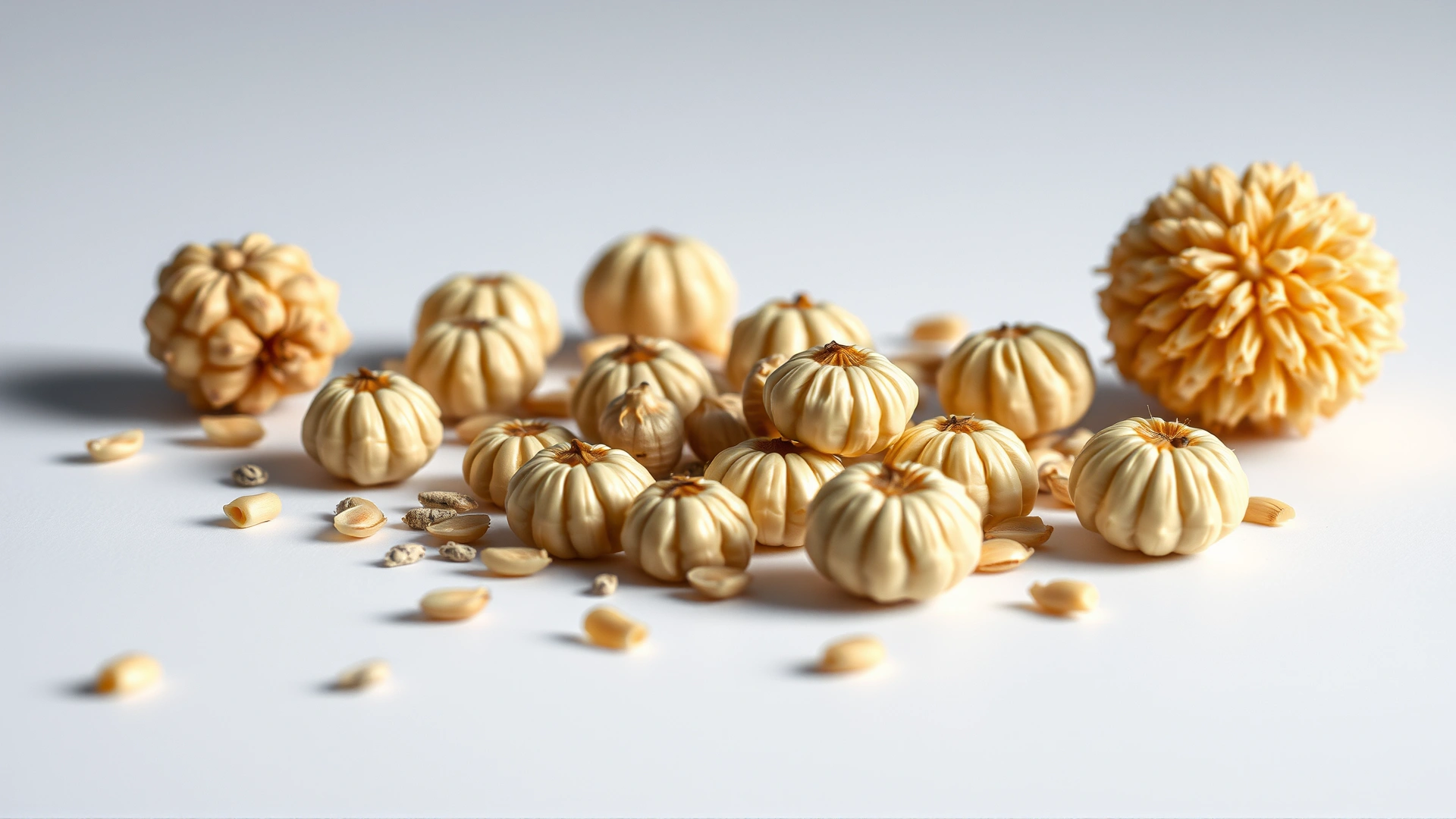 Macro shot of sago palm seeds scattered on a white surface to highlight their shape and texture, studio lighting