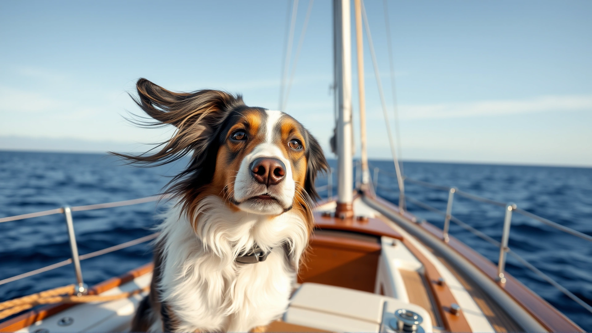 Dog with ears flapping in the wind sitting on deck of a small sailboat, ocean horizon and clear skies