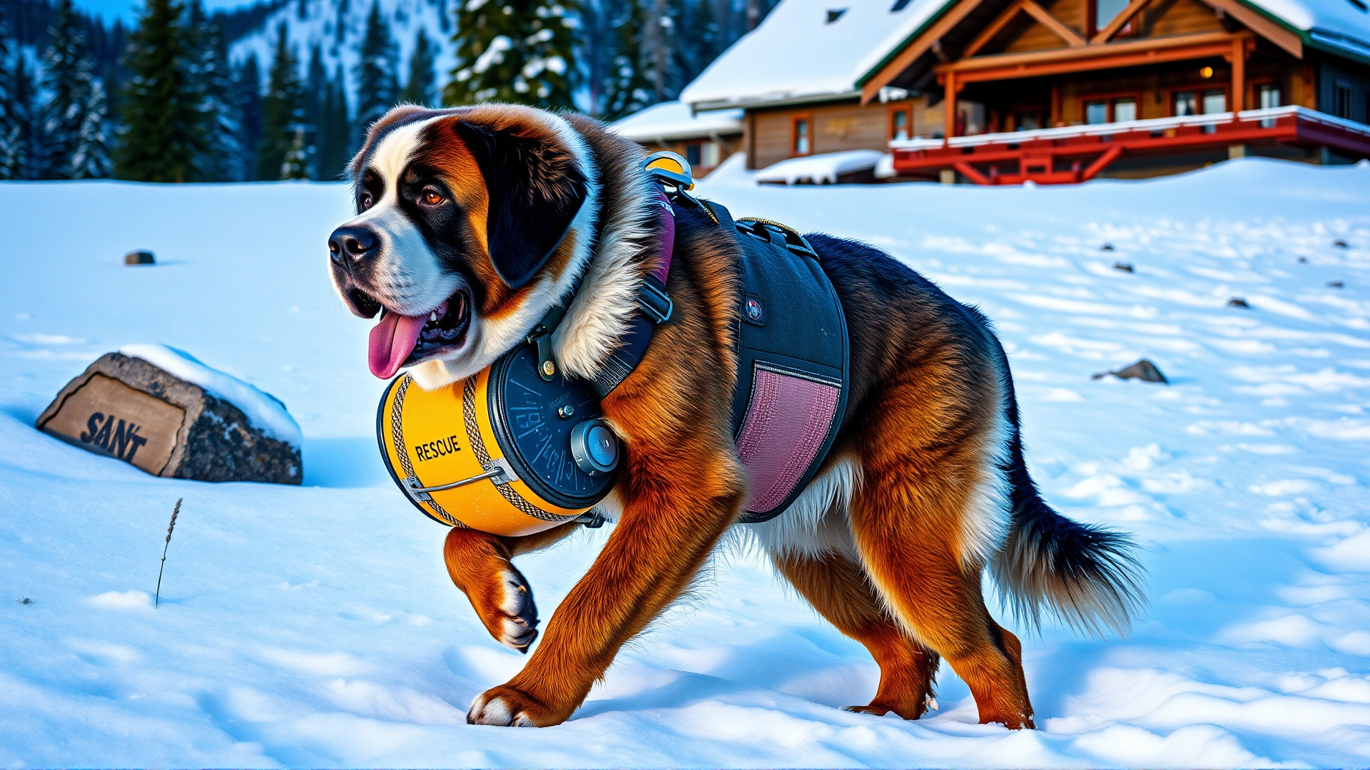 Saint Bernard wearing a small rescue barrel around its neck, navigating through knee-deep snow near a mountain lodge.