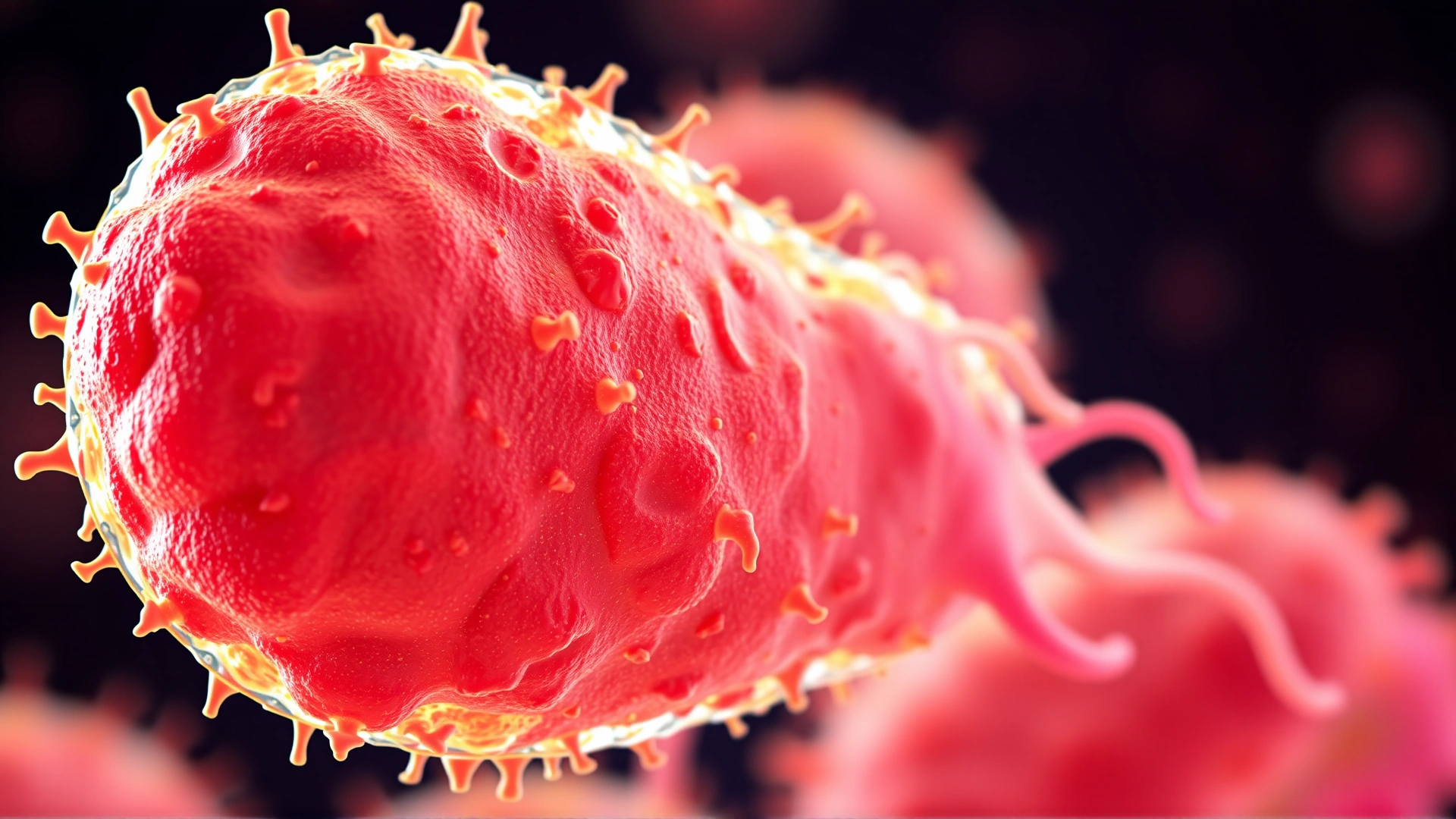 Microscopic 3D render of Salmonella bacteria in vivid colors on a dark background, conceptual illustration.