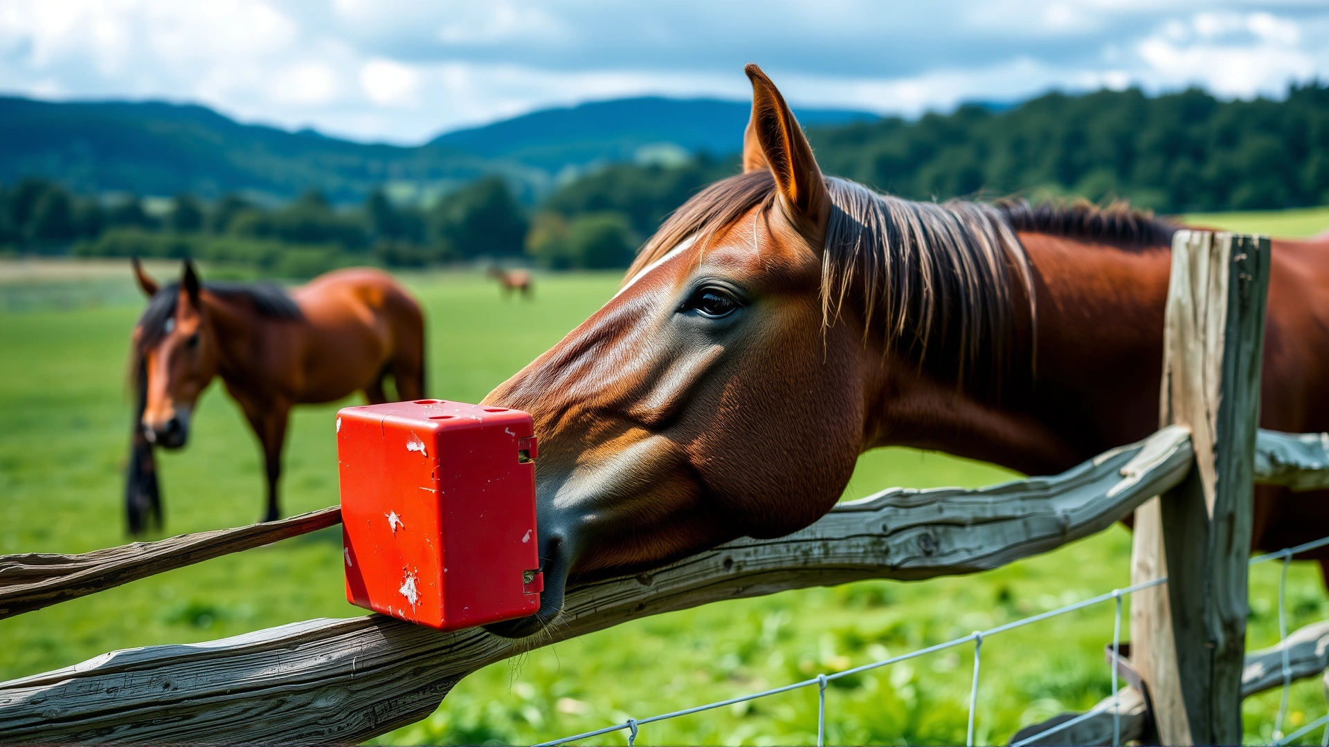 Horse licking a red mineral salt block attached to fence in green pasture