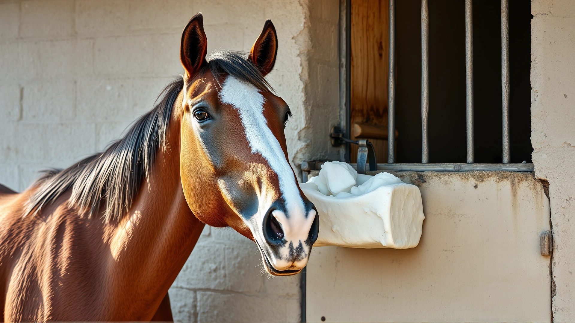 A horse licking a natural Himalayan salt lick attached to a stable wall.