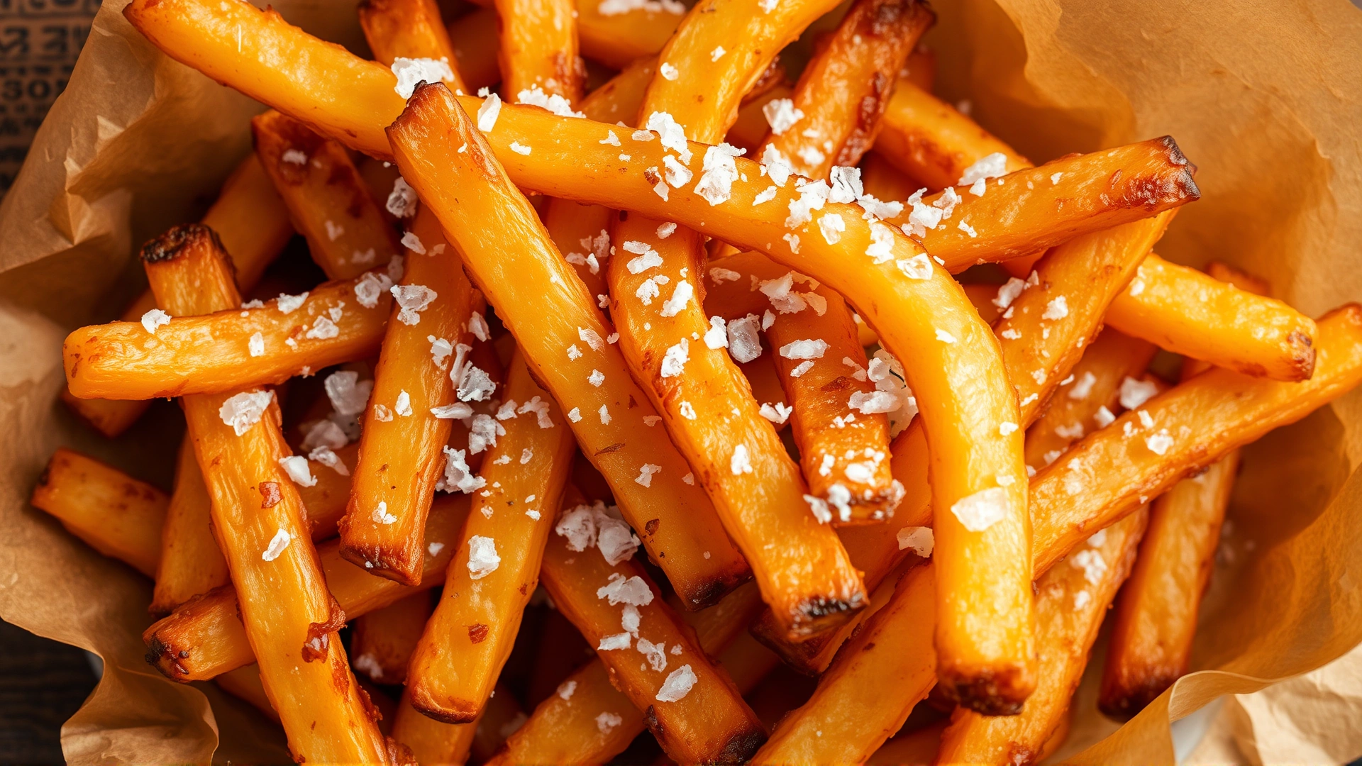 Overhead shot of greasy French fries sprinkled generously with coarse salt crystals on brown parchment paper, emphasizing high sodium content