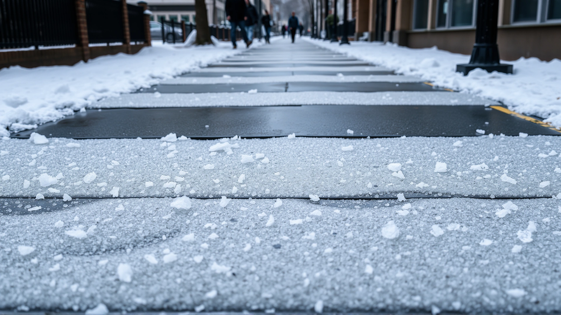 Icy urban sidewalk covered with road salt granules, illustrating winter hazards for pets