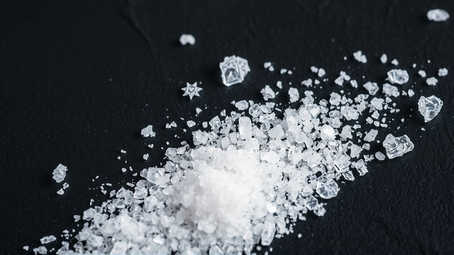 Dramatic close-up of coarse salt crystals spilled on a dark slate surface, no text