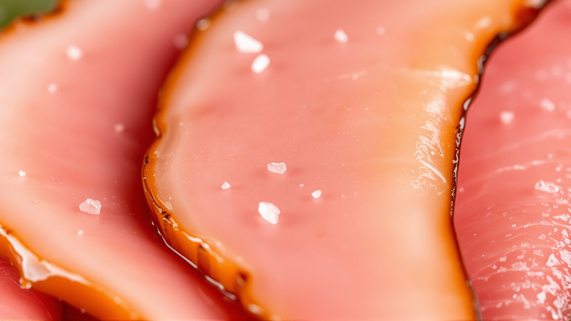Close-up shot of thick, glossy ham slices showing visible salt crystals on the surface.