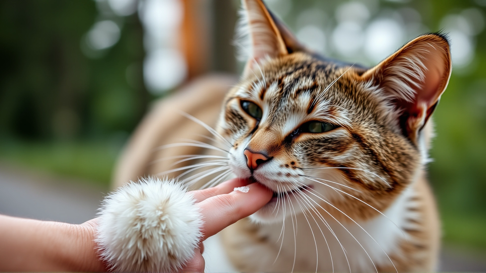 Cat licking a runner's slightly sweaty hand outdoors after exercise, showcasing attraction to skin salt.