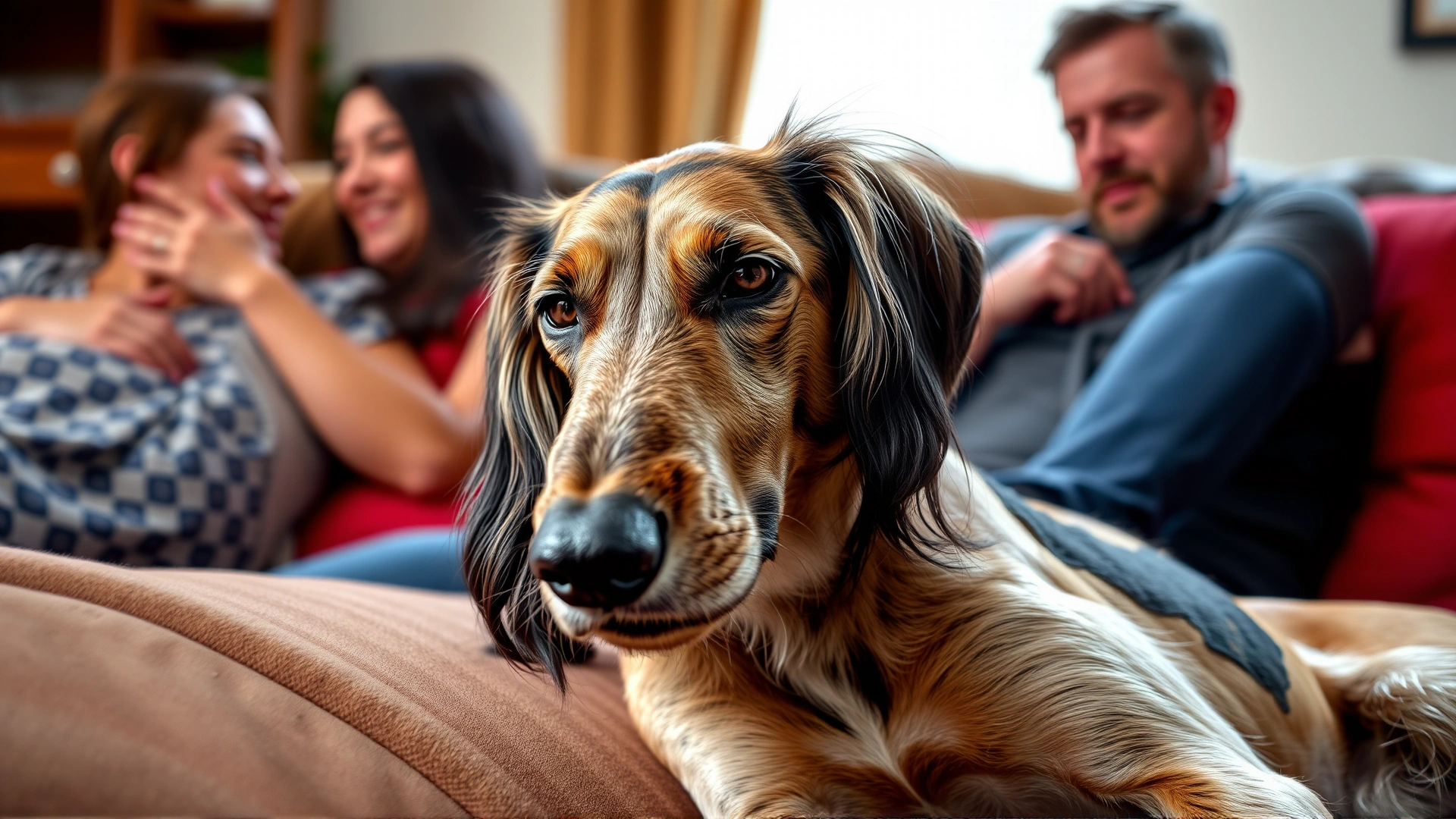 A Saluki relaxing on a couch with a family, showing its calm indoor temperament.