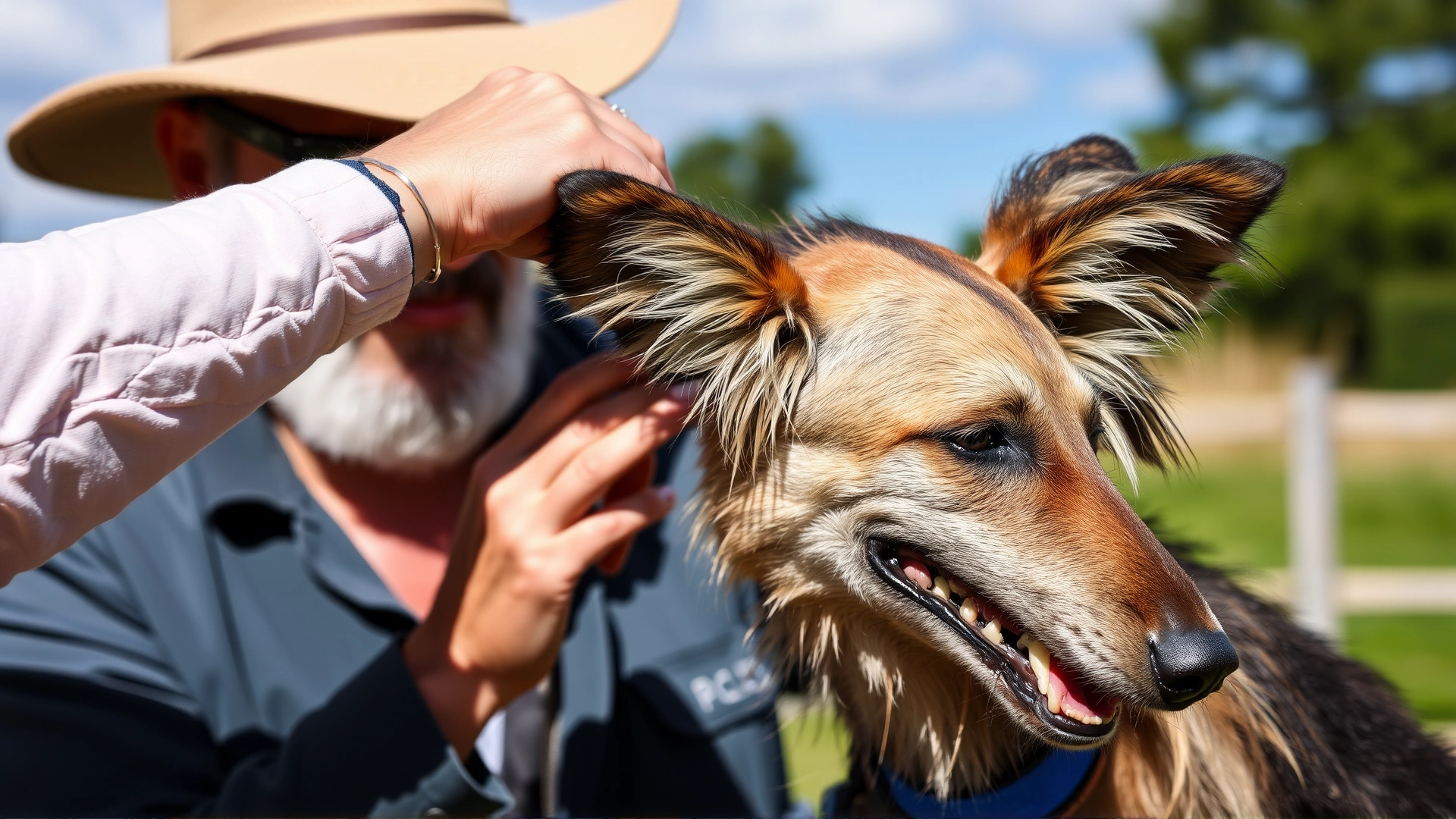 Owner gently brushing the feathered ears of a Saluki outdoors on a sunny day.
