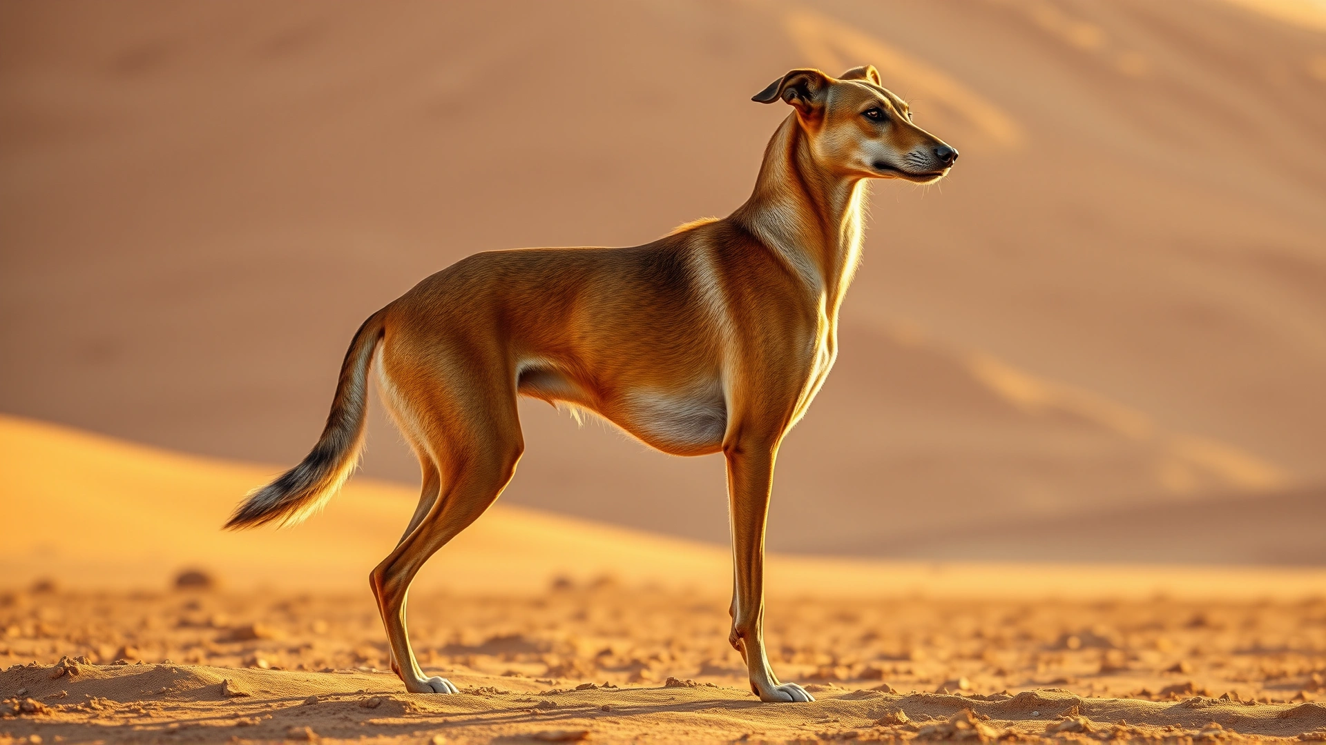 A full-body side profile of a Saluki dog standing proudly in a desert landscape under warm golden light.
