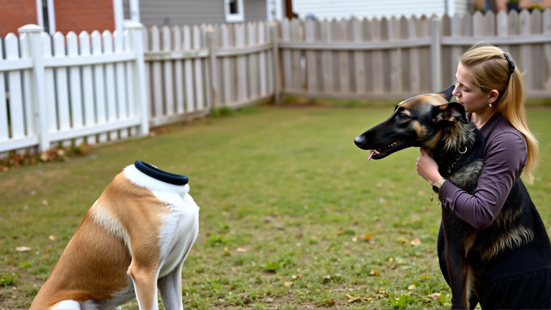 Trainer using positive reinforcement treats while a Saluki performs a sit command in a fenced yard.