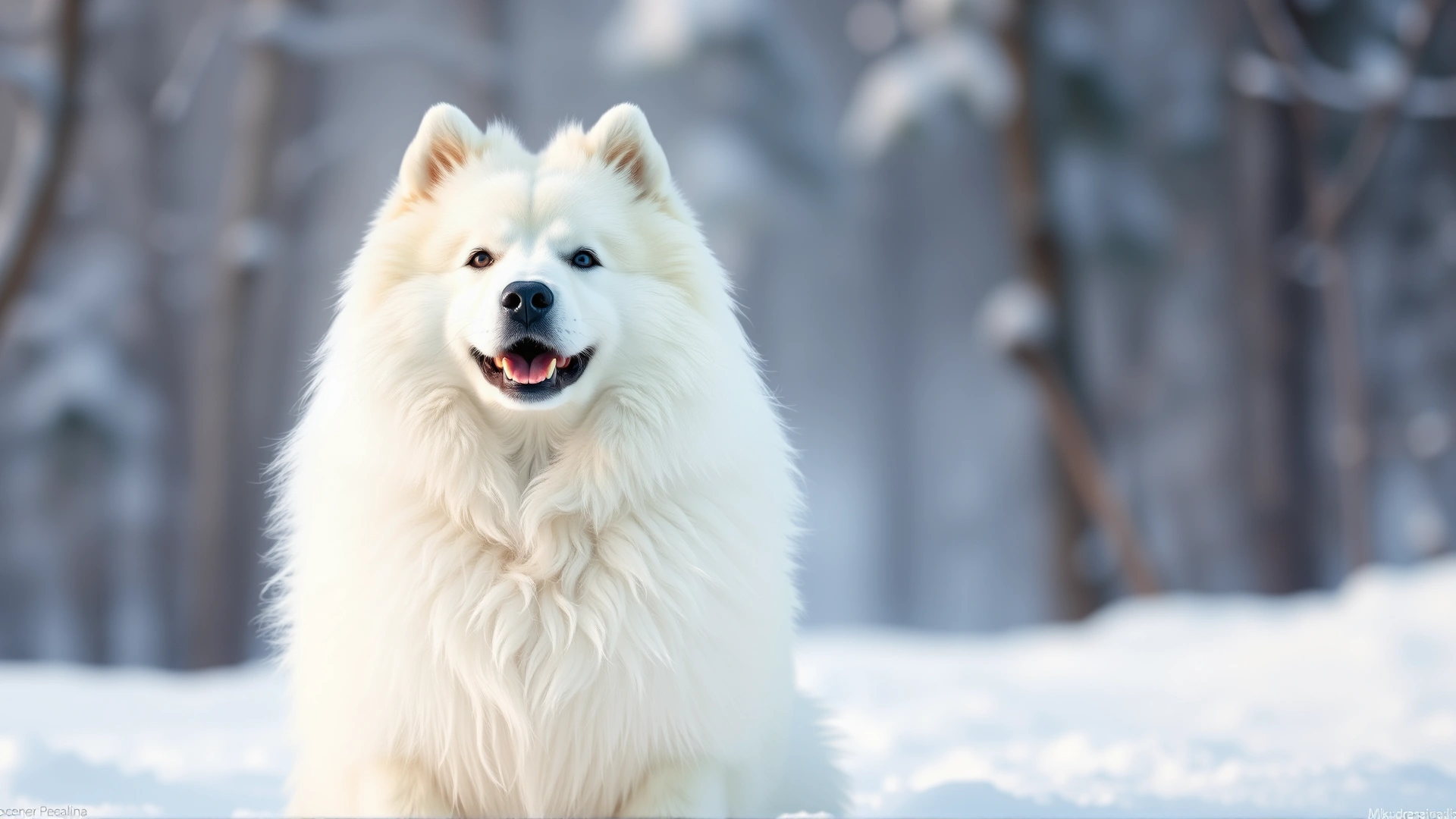 Front-facing Samoyed dog sitting in the snow, showcasing its characteristic