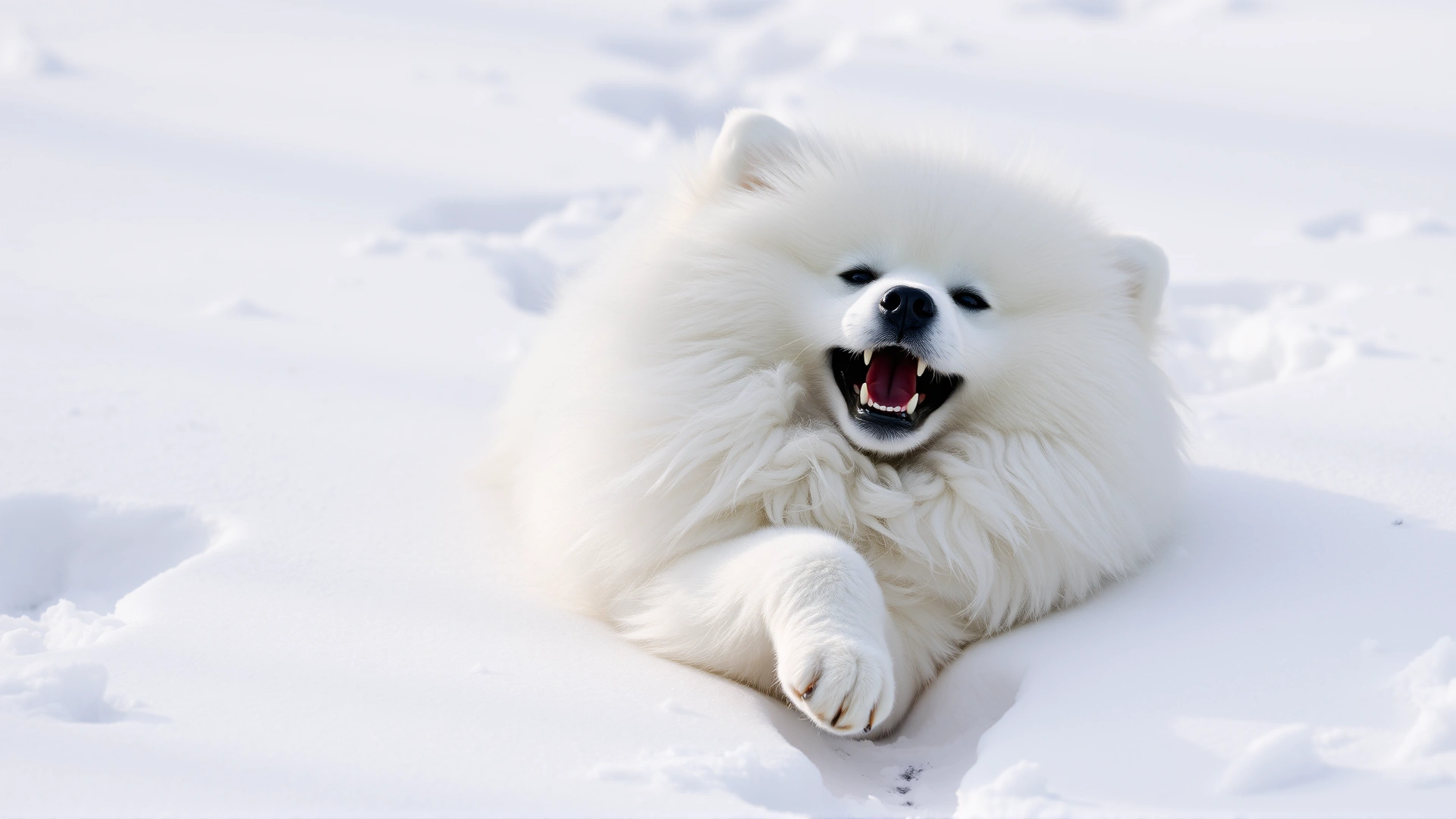 A Samoyed rolling joyfully in fresh snow, leaving a trail of paw prints.