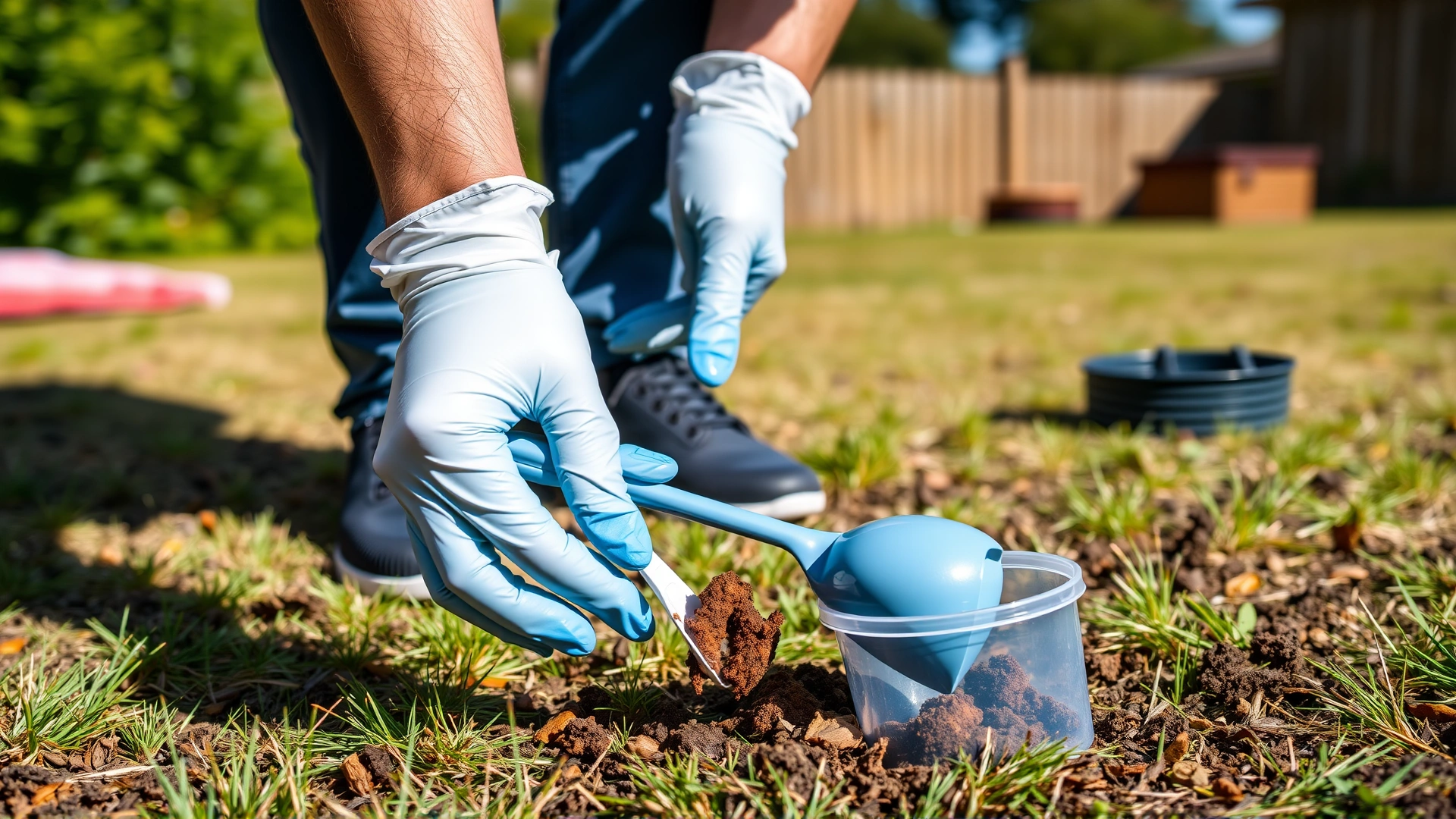 Dog owner wearing disposable gloves collecting a fresh stool sample from the backyard using a small plastic scoop and placing it into a sterile container, sunny outdoor setting.