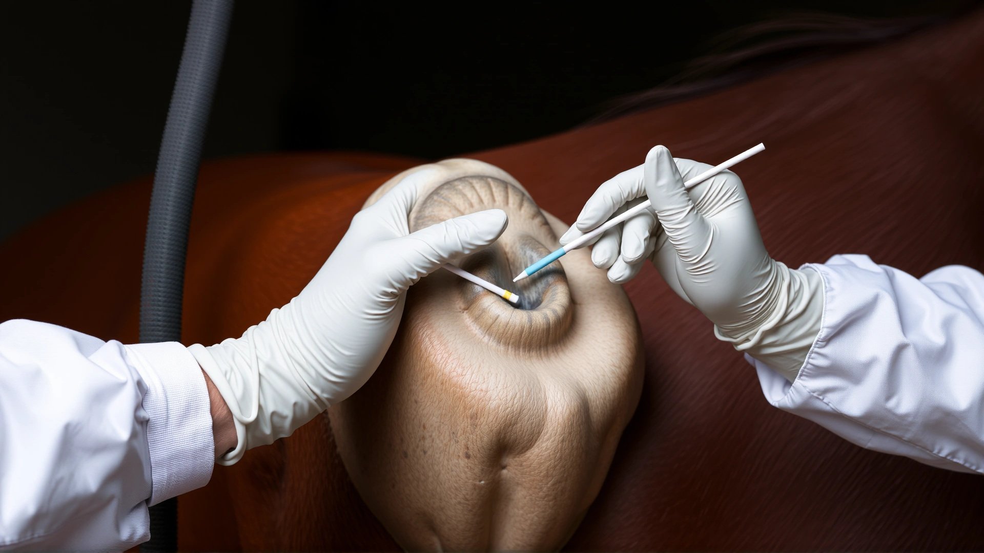 Veterinarian wearing gloves while inserting a swab into a mare's genital tract for laboratory sampling.